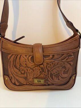 Born Concept B.O.C. 100% Leather Tooled Floral Crossbody Brown Adjustable Strap